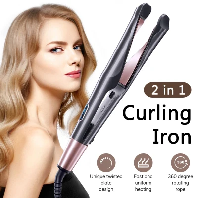 【In spot】Professional Hair Straightener Flat Iron for Hair Styling 2 in 1Curling Iron hair curler for All Hair Types/Curling Iron/Hair Curler/Automatic Spiral Twist Hair Curler/ Tourmaline Ceramic Hair Curler/ Dry Wet Use Deep Curl Wand Hair Styling Tools