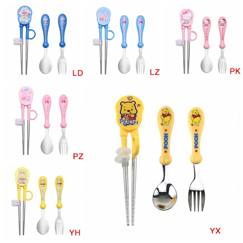Baby Training Equipment Set Kids Learning Tableware, Stainless Steel Practice Chopsticks Fork Spoon Household Tableware