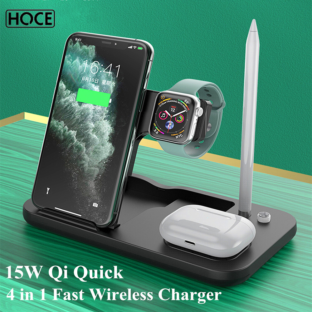 HOCE 15W Qi Wireless Charger 4 in 1 Fast Charging Stand For iPhone 13 12 11 Pro XS Max XR X Apple Watch 7 6 5 4 3 AirPods 2 3 Pro Pencil Charge