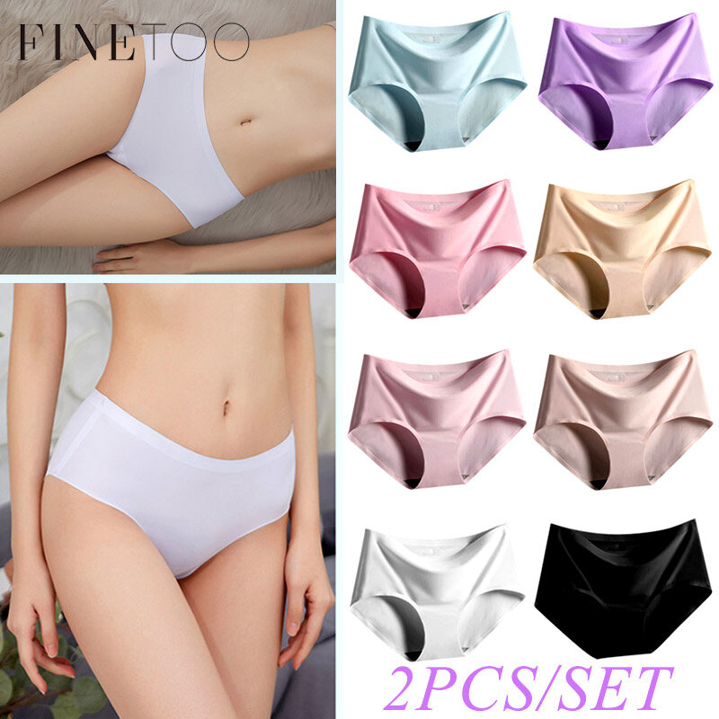 FINETOO 2PCS M-2XL Women Ice Silk Seamless Panties Female Underpants Ultra-thin Briefs Cool Panties Solid Color Intimate Lingerie 2PC celana dalam กางเกงใน