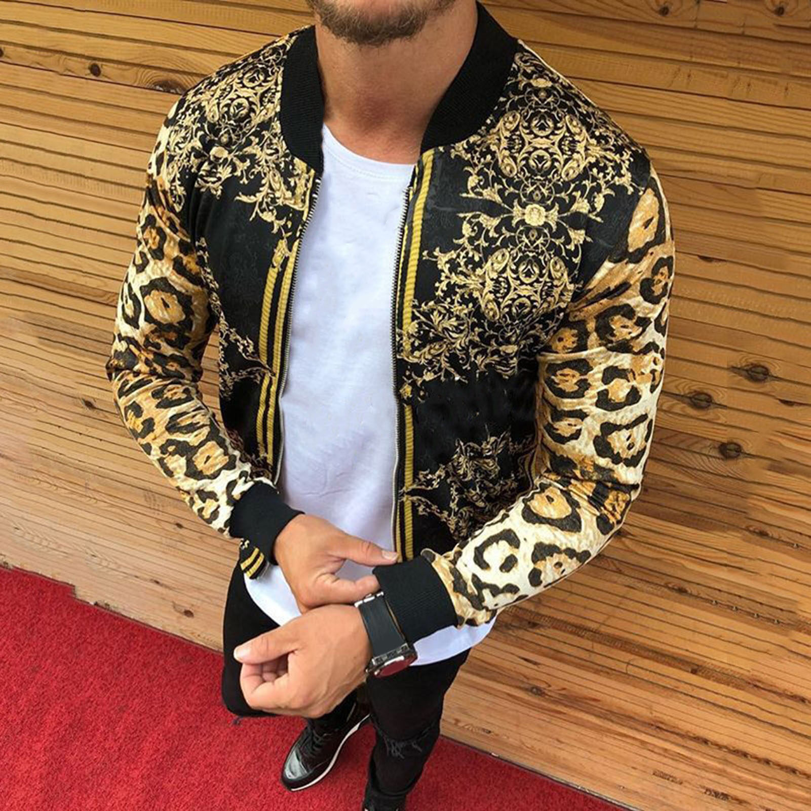 Ishara Men Coat Print All Match Round Neck Long Sleeve Leopard Jacket Fashion Clothing