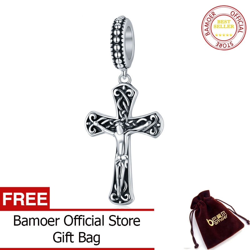 BAMOER 925 Sterling Silver Retro Jesus Cross Pendant Charm for Women Jewelry Making Bracelet or Necklace Accessories SCC1407
