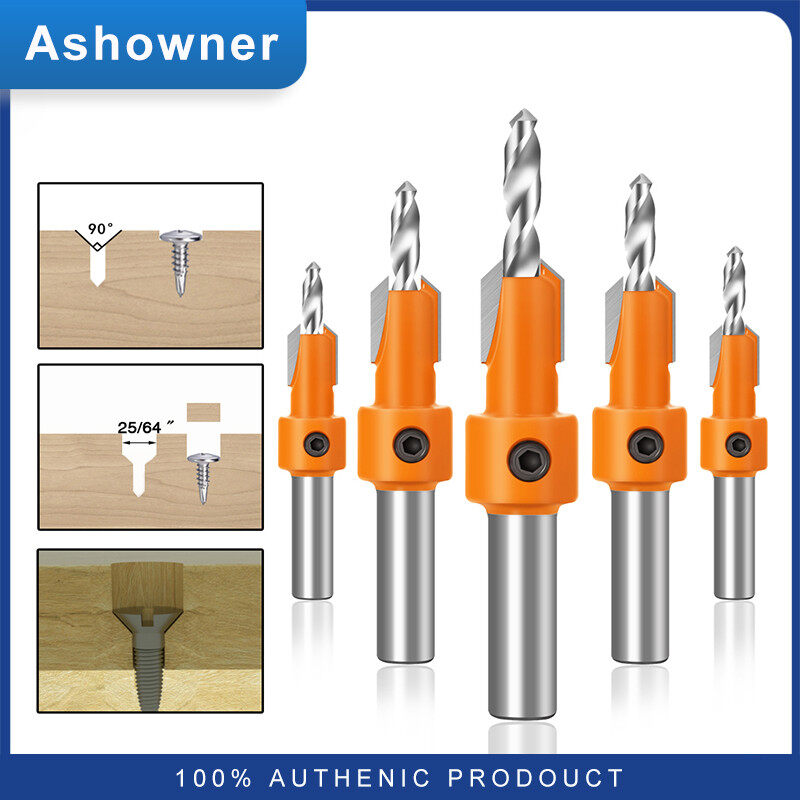 Ashowner 5pcs Carbide Tip 8/10mm Shank HSS Woodworking Countersink Router Bit Set Screw Extractor Remon Demolition for Wood Milling Cutter