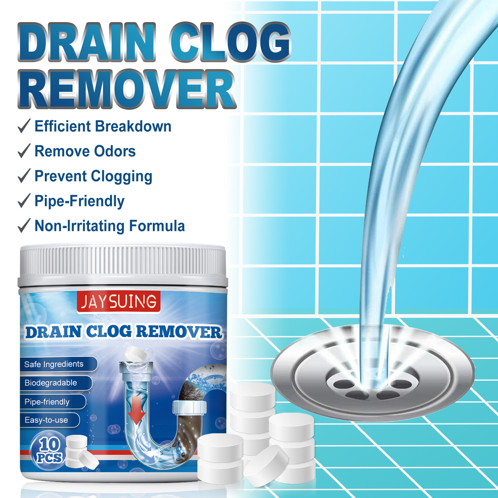 Jaysuing Household Draininpipe Cleaning Effervescent Tablets Deodorant Pipe Dredging Agent Kitchen Water Pipe Sewer Toilet Cleaning Deodorant  Kitchen Toilet Bathtub Sewer Pipe Dredging tool Prevent Blockage Toilet Deodorant (10Pcs)