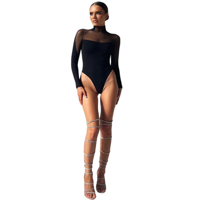 Women Mesh Bodysuit, Long Sleeves Mock Neck Solid Color Patchwork Leotard Tops