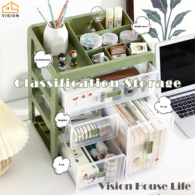 Vision Large Capacity Desktop Storage Box Transparent Office Stationery Sorting Box Cosmetics Makeup Organiser Multi-layer Sundries Storage Cabinet Drawer Type Storage Shelf