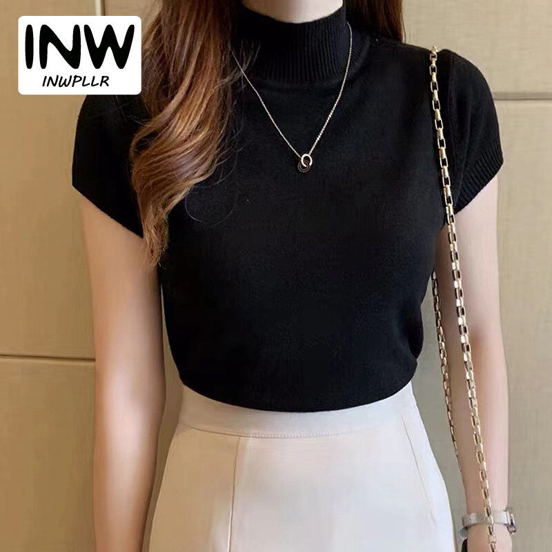 INWPLLR Women's Fashion Blouses Summer Knitting Tops Casual Multi Colors Slim Shirts Korean Half Turtleneck Blouse Female 9 Colors