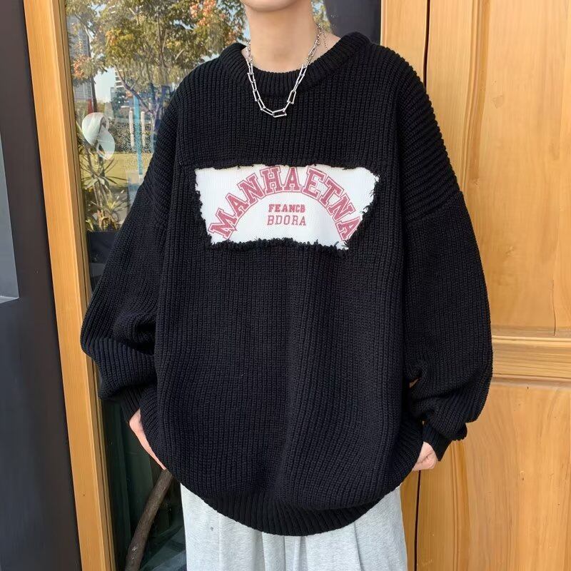 Lansboter Sweater men's design sense stitched letter knit sweater red and black khaki lazy high-end sweater