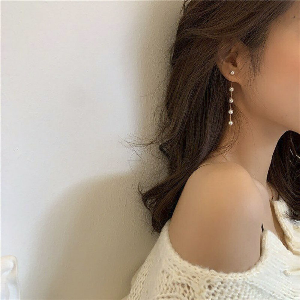 Ins Pearl Stud Earrings Temperament Long Chain Tassel Earrings Women Fashion Jewelry