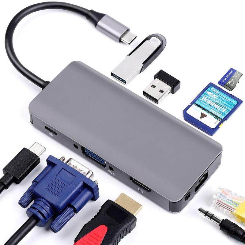 GoodGreat 9-In-1 Type C 3.0 Converter USB C Hub with Ethernet, USB C to HDMI, VGA, 2 USB3.0, Micro SD/TF Card Reader, 3.5mm Audio, USB-C PD Port