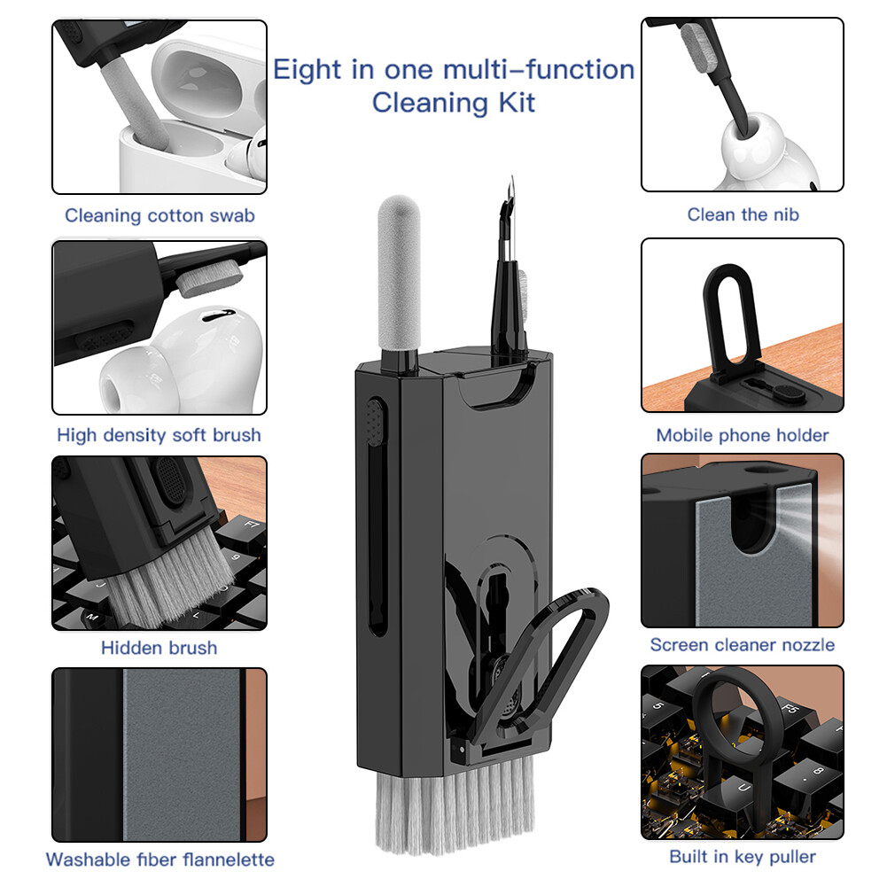 8 in 1 Dust Removal Brush With Mobile Phone Holder Computer Keyboard Cleaner Built-in Key Puller Keyboard Cleaner Brush Kit Portable for Airpods Pro 2