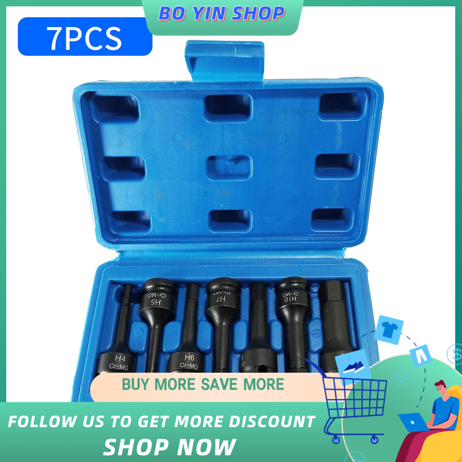 7pcs Impact Socket Bit Set 3/8-inch Drive Chrome Molybdenum Steel Hex Key Socket Metric Allen Bit Impact Spline Socket Bit Set