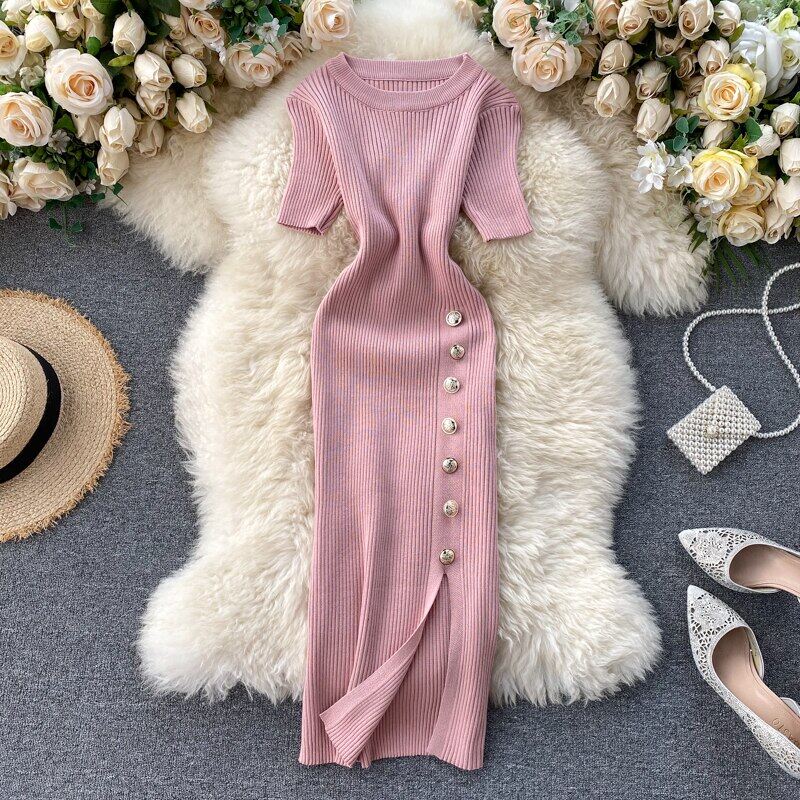 Summer Women's Dress New Korean Style Solid Color Buttoned Split Dress Slim Short Sleeve Simple Knitted Bag Hip Dresses