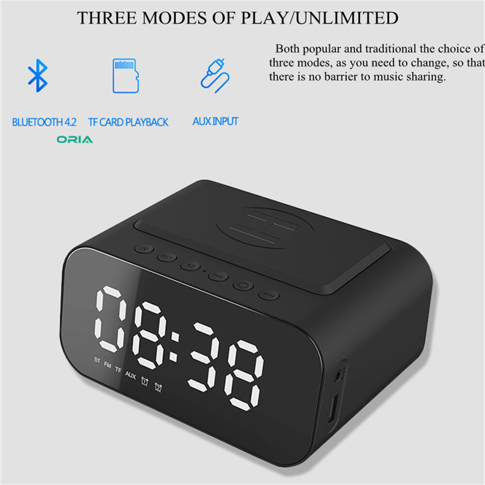 Oria đồng hồ gương kỹ thuật số fm loa Bluetooth đồng hồ âm nhạc sạc có đèn nền, 3 mức độ sáng, 2 chế độ phát lại, micrô, chức năng rảnh tay cho đồ trang trí văn phòng phòng ngủ gia đình