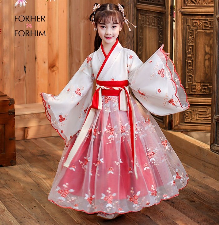 FORHER FORHIM Costume Children's Hanfu Girl Fairy 6-12 Costume Dark Red Light Blue Chinese Style Girl Elegant Dance Performance Costume FH0638