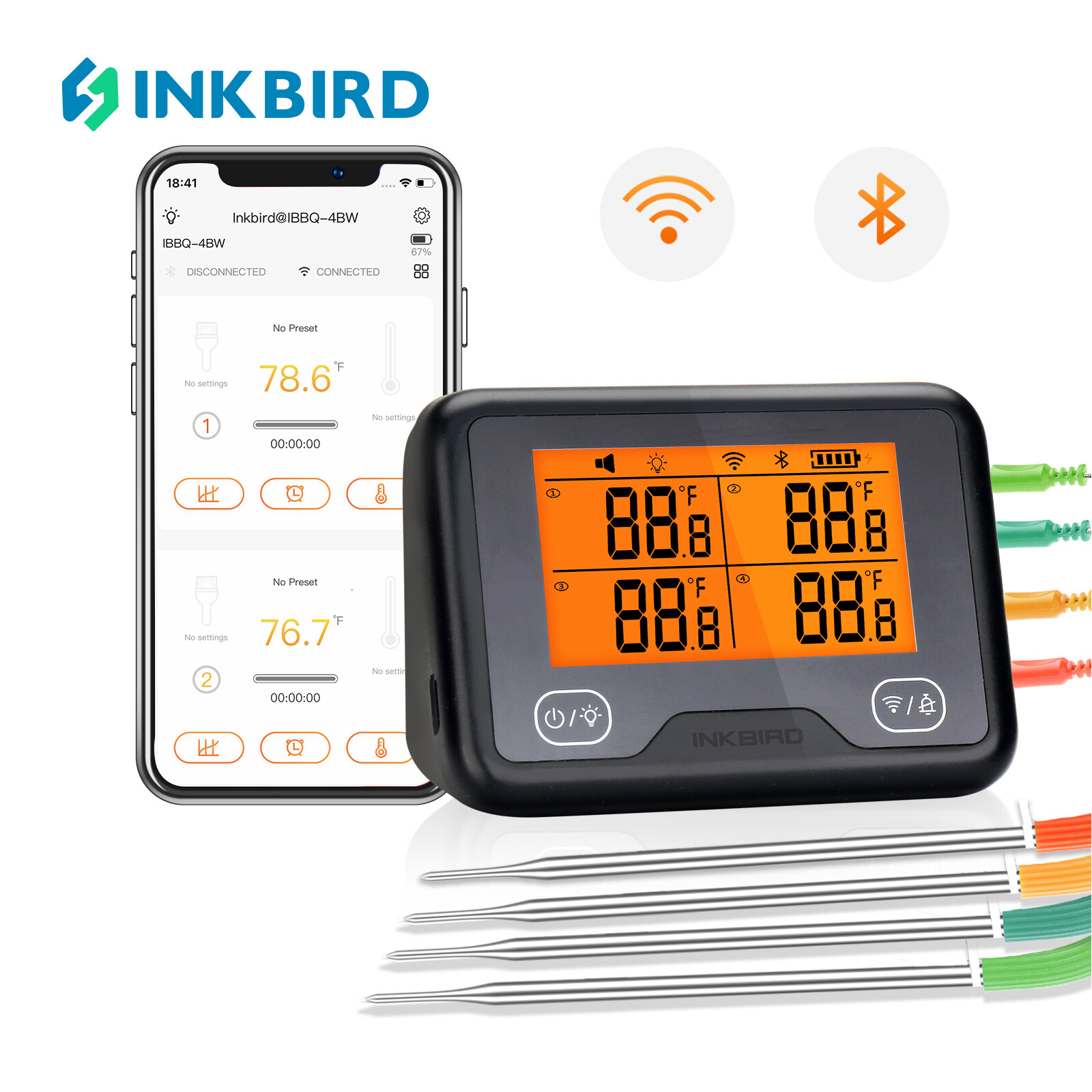 Inkbird Digital Rechargeable Wi-Fi / Bluetooth Grill BBQ Meat Warweproof Temperature Measuring IBBQ-4BW, with 4 Probes, Temp Graph, Calibration, Timer, High/Low Temp Alarm for Cooking, Oven, Kitchen, Drum, Free APP , supports Android / iOS ราคา 2,861 บาท*ส่งฟรี