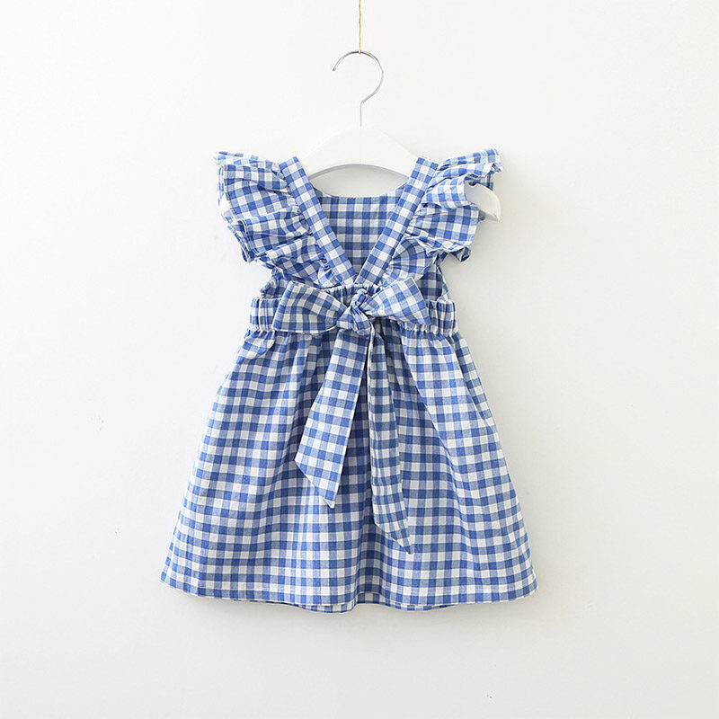 IQANGEL Explosive children's clothing 2023 summer new girl queen bow plaid dress backless flying sleeve princess dress
