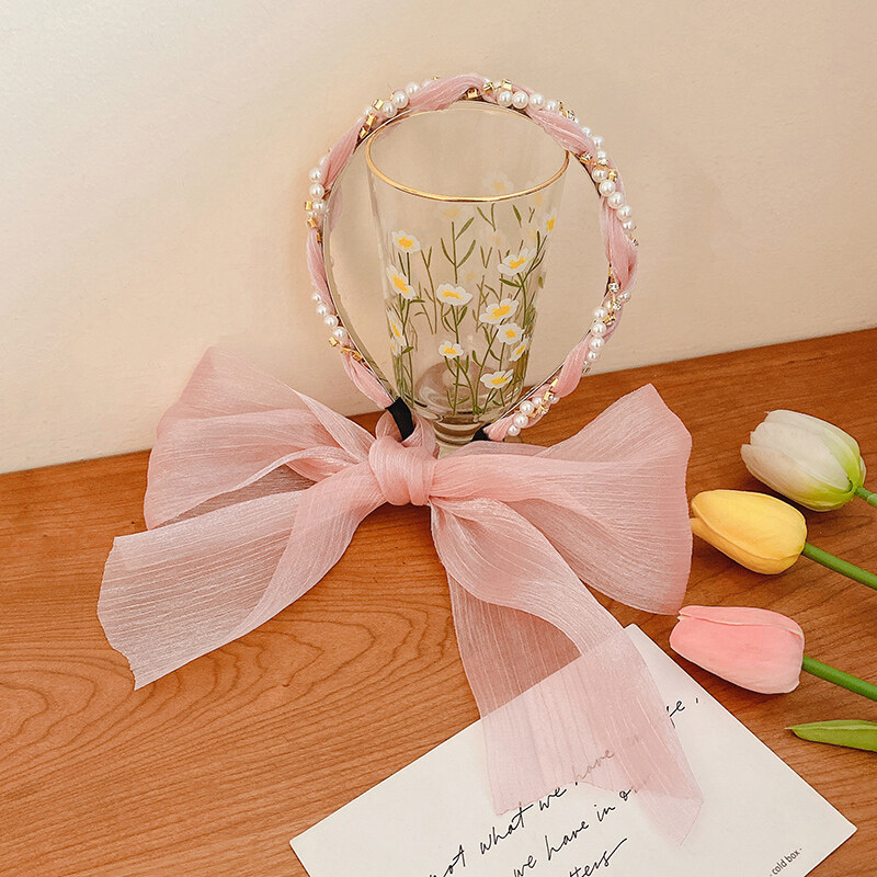 [ACC]Tulle pearl bow headband headwear