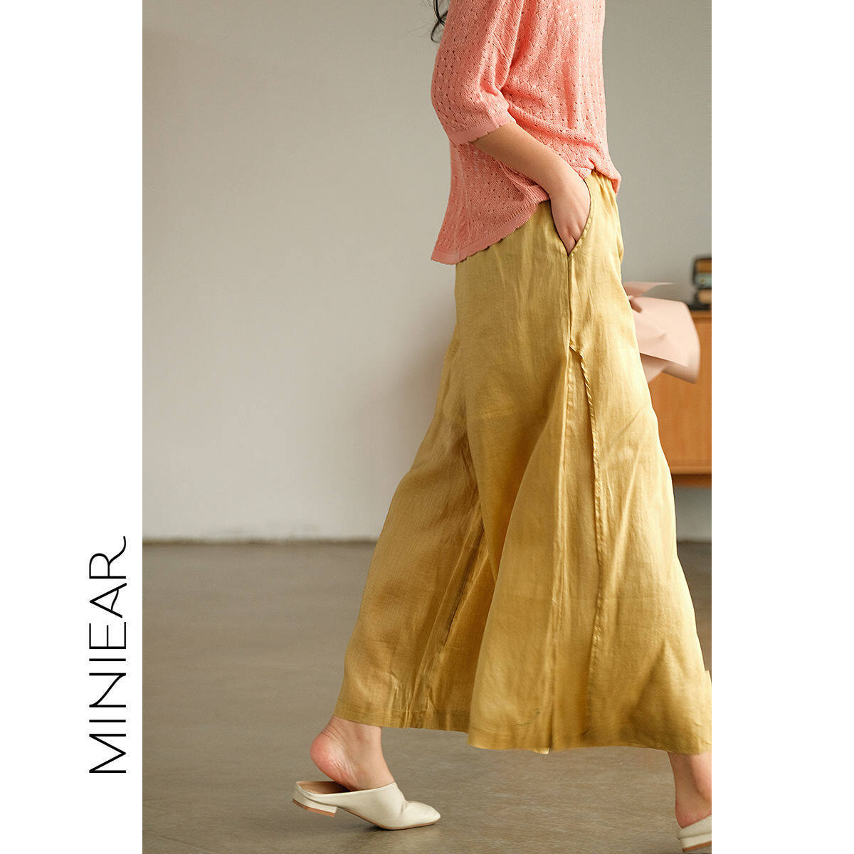 WhiteTime Candy color elastic waist high split pants Xiaoxiangfeng really wears good-looking five stars high-quality casual linen wide-leg pants women's nine points 301P0036