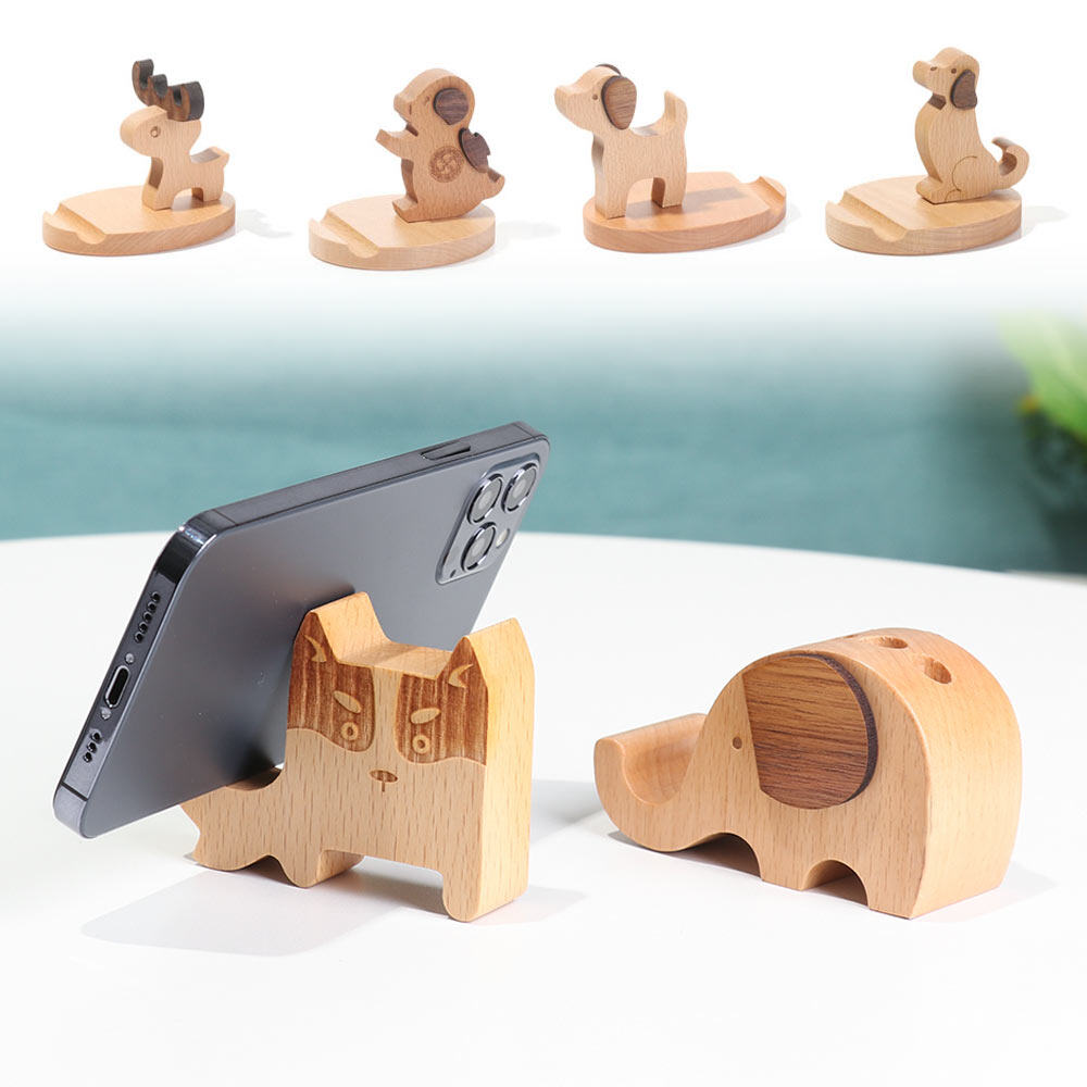 Solid Wood Animal Mobile Phone Holder Car Home Mount Bracket Mobile Desk Stand Laptop Switch / Deer / Dog / Child / Elephant
