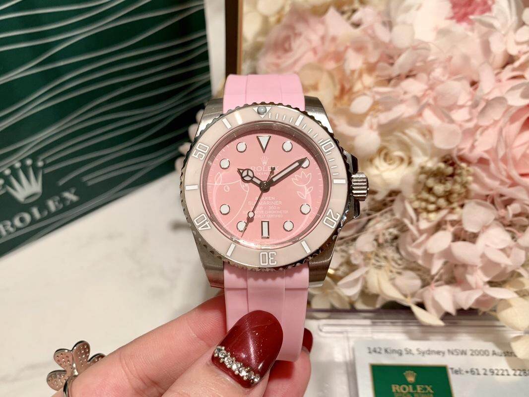 Rolex_Fashion Submariner Sederhana Kasual Baru 2019 Pink Panggil Putih Dezel Tali Karet Gerakan Otomatis Jam Tangan Tanggal untuk Wanita YZR404757