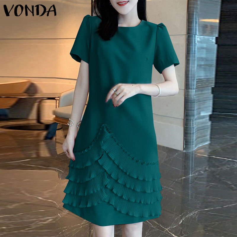 VONDA Womens Elegant Ruffle Prom Short Sleeve Crew Neck Plain Dresses ...