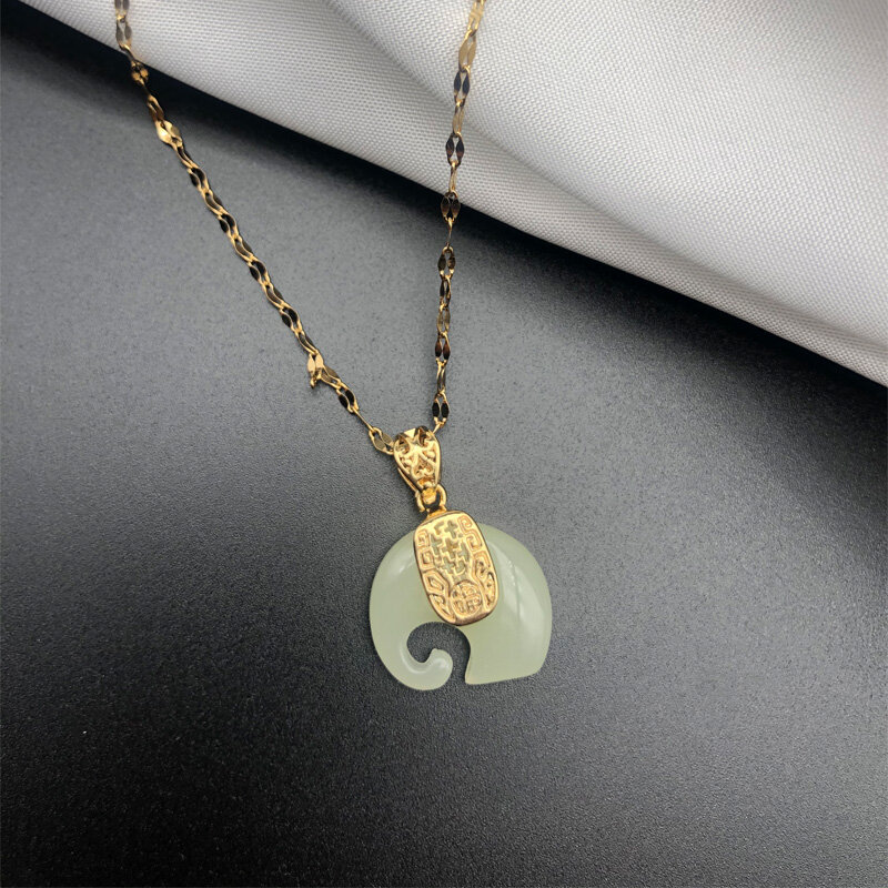 Yuki's Uglyless Asian Culture Lucky Elephant Pendants necklace for Women Natural Jade Animal Elephants Necklace Titanium steel NO fade