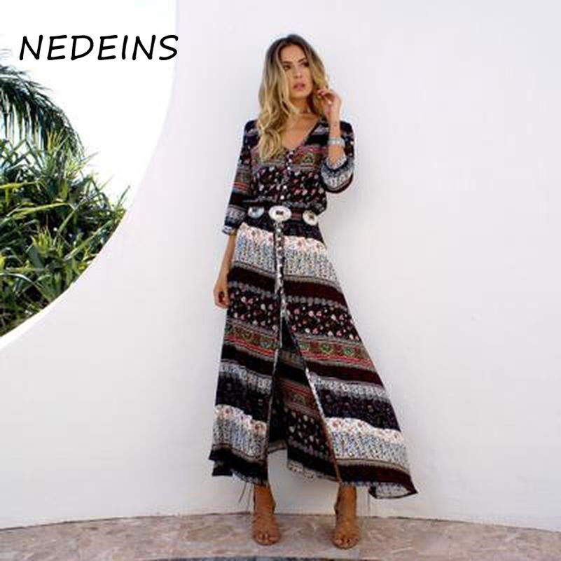 NEDEINS 2020 Thời Trang Boho Mùa Hè Váy Đi Biển In Hoa Dân Tộc Đầm Maxi Dài  Đêm Tiệc Cho Nữ Đầm Sang Trọng 