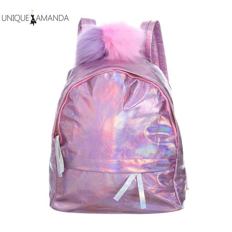 Fashion Laser Backpack Women Teenage Girls Cartoon Leather Pompom Schoolbag