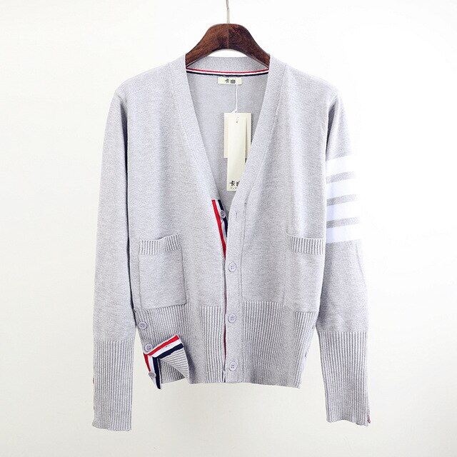 Ready Stock 4 color strip Women Knitted Cardigan Coat Autumn Winter Casual V-Neck Long Sleeve Crochet Knit Sweater Coat Female Tops