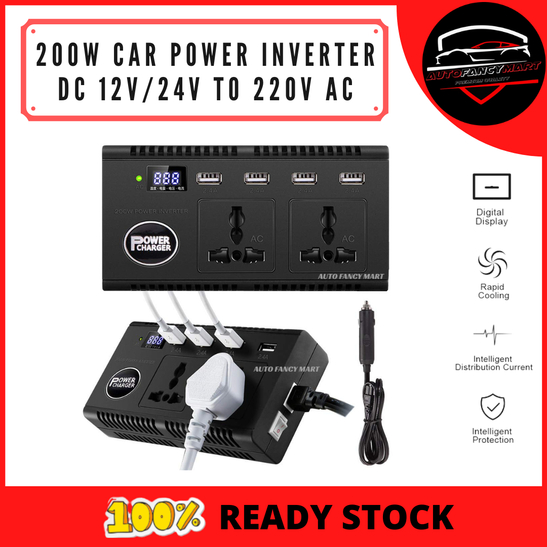200W Smart Power Inverter DC 12V 24V to 220V AC Car Voltage Converter USB 2.0 Ports Lazada