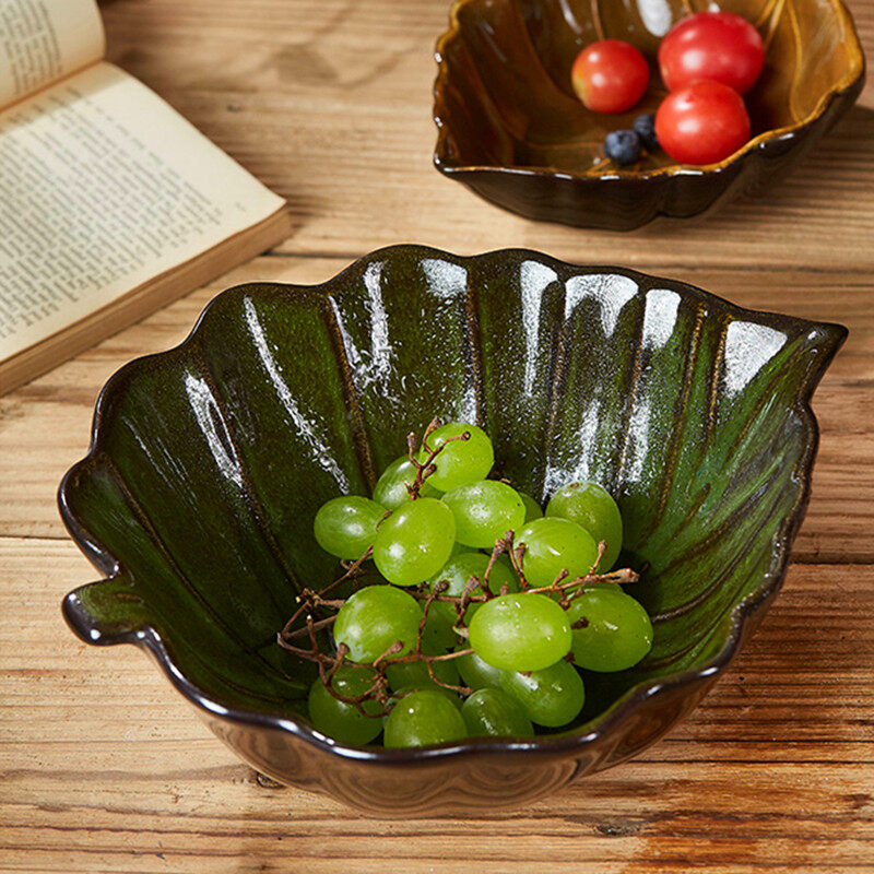 OMK Japanese Style Stoneware Leaf Shaped Salad Bowl Fruit Plate Ceramic Tableware Set
