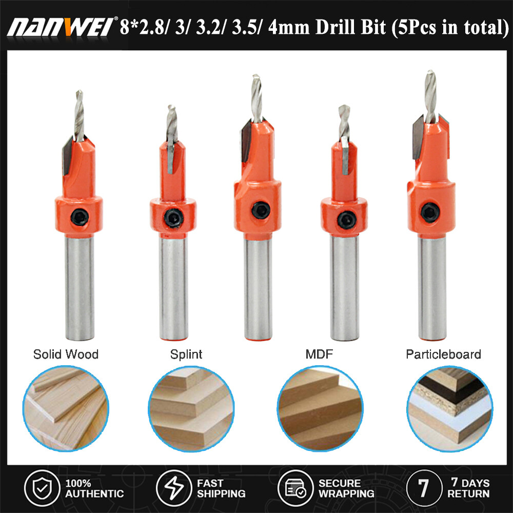 NANWEI 5pcs Countersink Drill Bit Woodworking Screws Chamfering Wood Hole Drills Bit with Hex Key