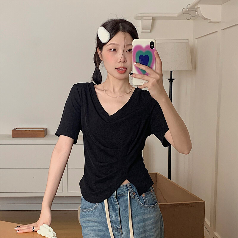Du Yan Large Shoulder Short Sleeve T-shirt Women's New Fat MM Slim Irregular Short Top ins