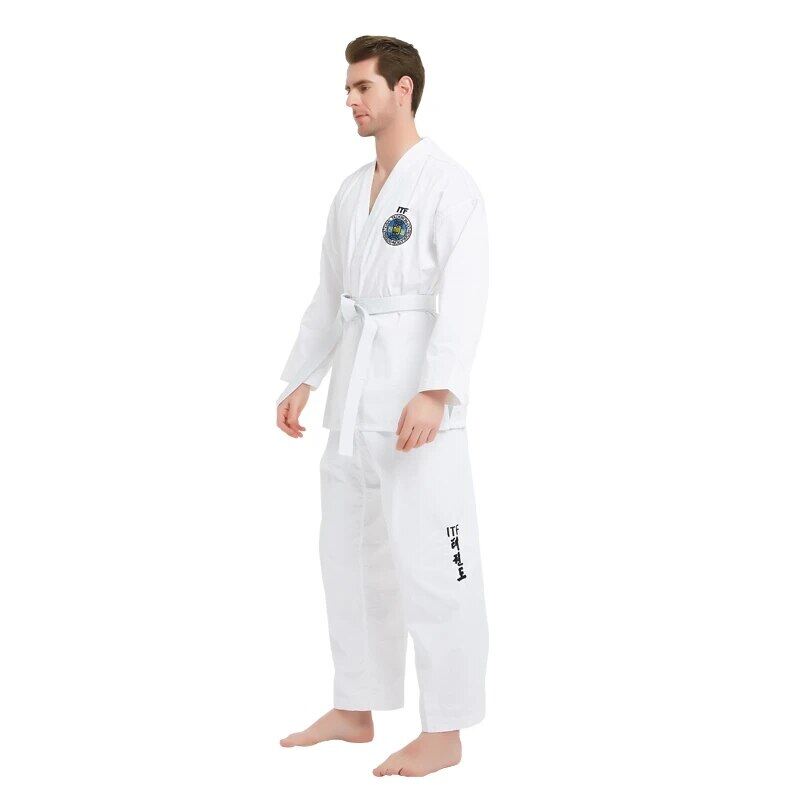 ITF Taekwondo Trọng lượng siêu nhẹ mới bắt đầu máy bay chiến đấu bộ đồng phục gi đào tạo dobok đồng phục hoa văn thêu