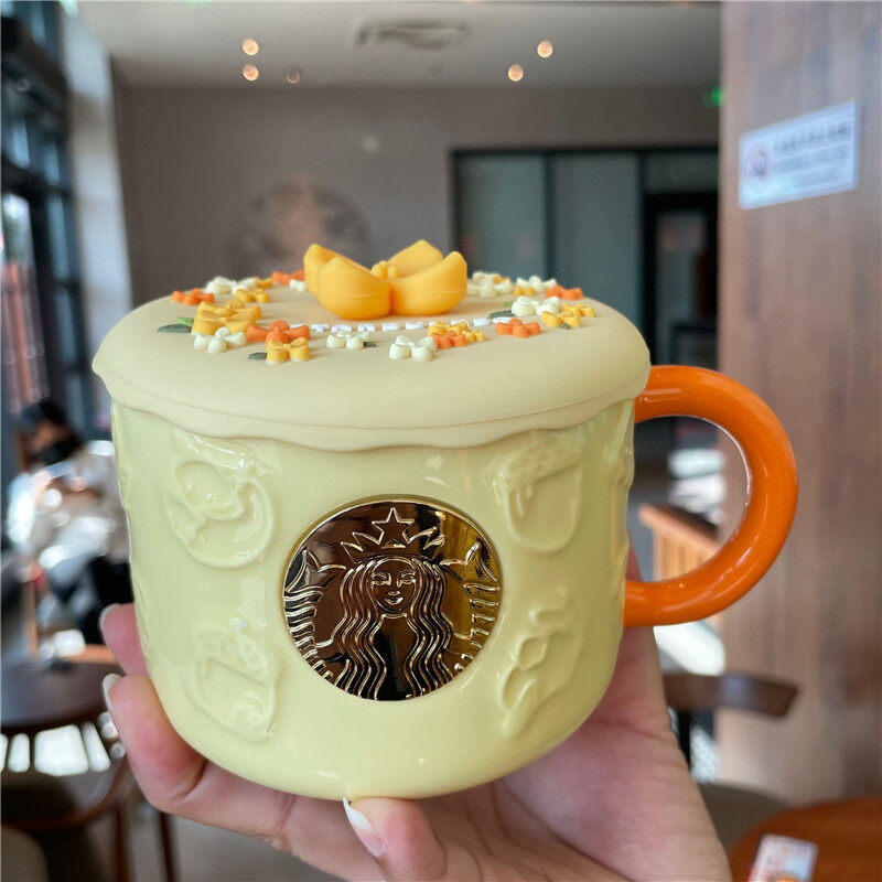 Starbuck Cup Autumn Maple Leaf Cute Fox Shape Bronze Ceramic Mug Desktop Cup Coffee Cup with Cover
