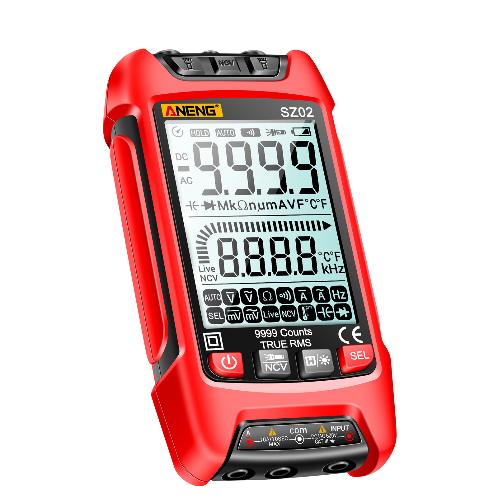 ANENG SZ02 Smart Digital Multimeter Auto Range 9999 Counts NCV Universal Meter Handheld Multifunctional Tester Voltmeter Ammeter with Backlight Flashlight AC/DC Voltage & Current Resistance Capacitance Frequency Temperature Measurement