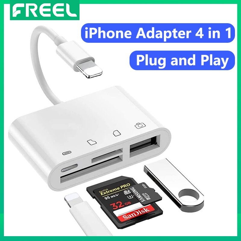 Freel sd card reader for iphone 14 13 12 11 /xs 4 in 1 sd card adapter micro sd card reader for ipad trail camera viewer portable memory card reader plug and play