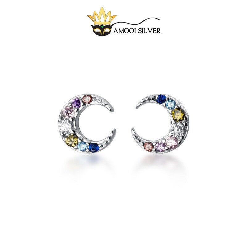 Bông tai bạc s925 mặt trăng nhí đã ngũ sắc - amooi silver ab166