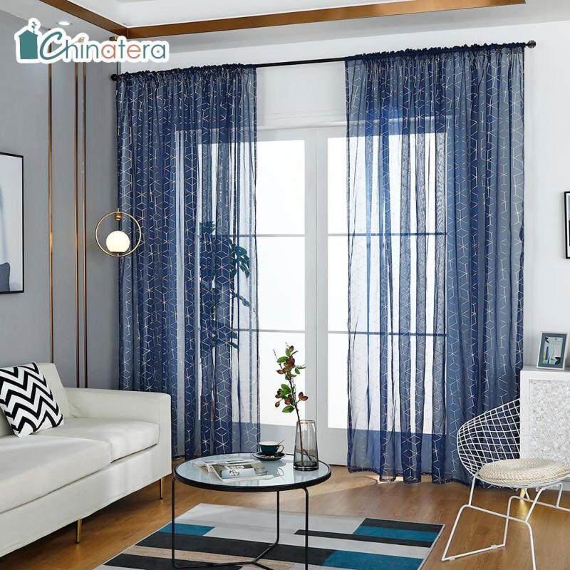 Rèm Cửa Sổ Chinatera Bằng Sợi Polyester, Màu Trắng/Xanh Hải Quân, Phong Cách Bắc Âu, Dùng Cho Phòng Khách, Phòng Ngủ