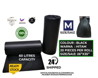 20pcs/Roll Black 26"x35" M Size Embossed Biodegradable Garbage Bag Plastik Beg Sampah Sederhana Hitam