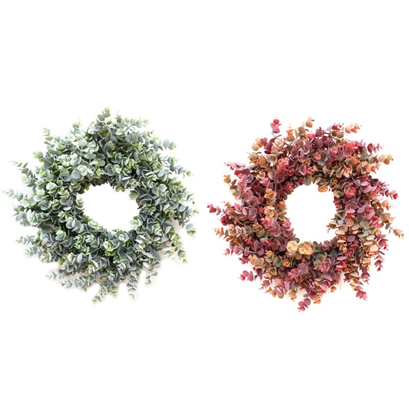 2 Pcs Soft Eucalyptus Wreath Multicolor Door Ornaments Wall Ornaments Christmas Decoration, Hoarfrost & Autumn Colors