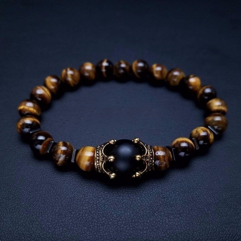 Charm Bracelet for Men Fashion Luxury Antique Alloy Crown High Quality Tiger Eye Stone Bead Bracelets Jewelry Male