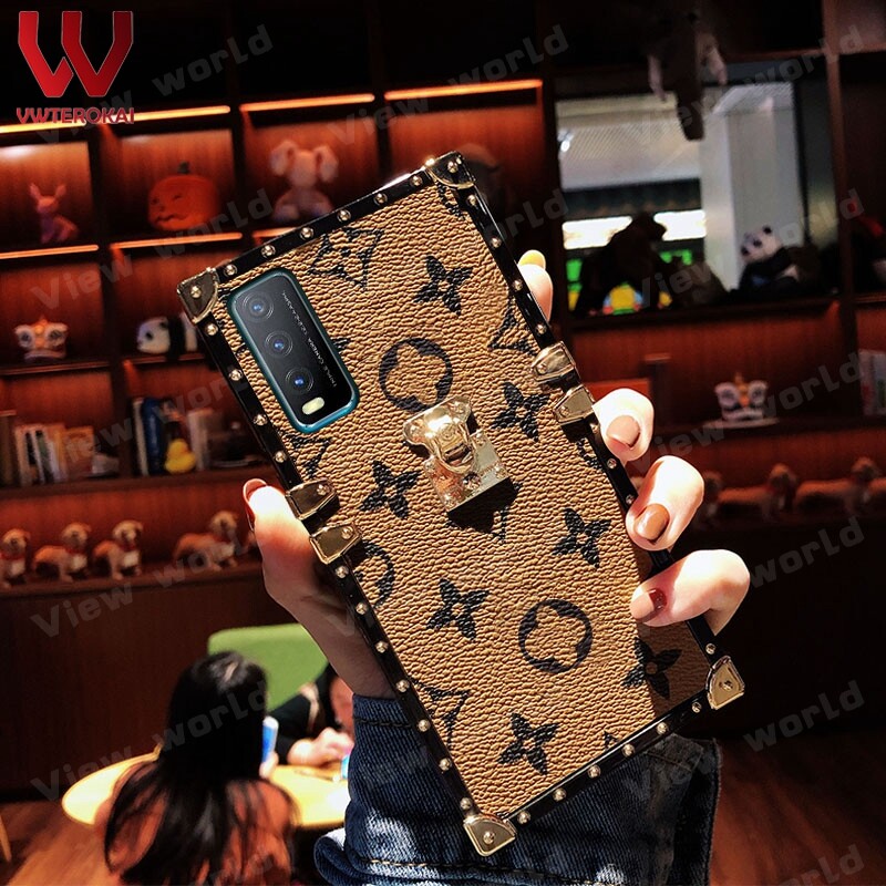 For VIVO Y20i/Y12S/Y12A Y12i Y15S Y15A Y17 Y19 Y50 Y30i Y91C Y93 Y95 V9 Y98 S1 Pro Y21S Y21A Y21T Y33T Y33S Y51 Y31 Y01 Y77 Y35 Y16 Y22 Y02S T1 Fashion Luxury Retro PU Leather Lattice Phone Case Square Frame Back Cover