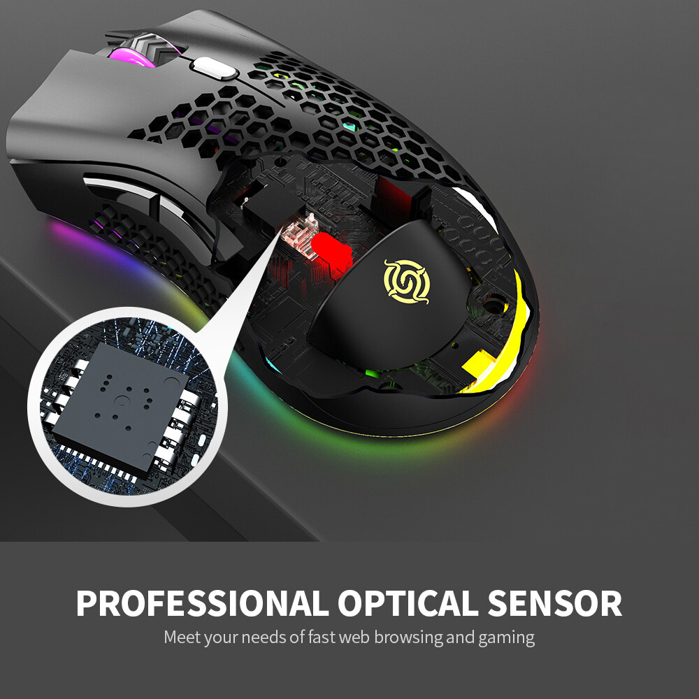 Chuột Chơi Game Không Dây 2.4G, Chuột Có Thể Sạc Lại Với Hiệu Ứng Ánh Sáng RGB 3 DPI Có Thể Điều Chỉnh Khoét Lỗ, Thiết Kế Tổ Ong Màu Đen