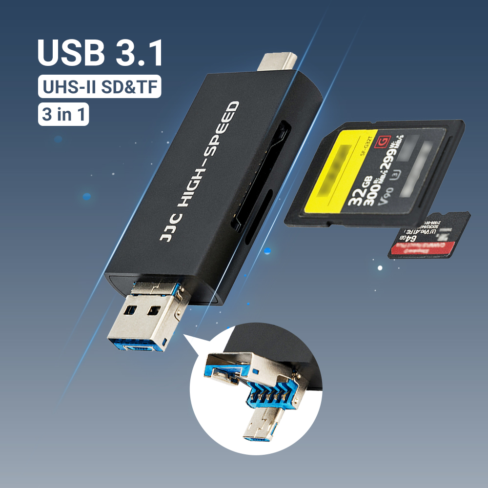 Đầu đọc thẻ nhớ JJC UHS-II SD micro SD, cổng kết nối 3 trong 1 USB 3.1 USB-C Type-C 3.1 micro USB 2.0, tốc độ truyền cao lên đến 312MB / s, tương thích với máy tính, laptop, OTG cho phép điện thoại và máy tính bảng