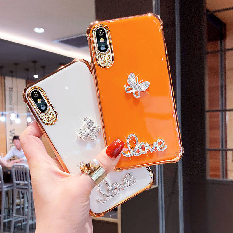 Luxury Diamond Butterfly Love Phone Case for IPhone 12 11 13 14 Pro Max XS XR X S 6 6s 7 8 Plus SE 2020 Mini Plating Silicone TPU Soft Cover