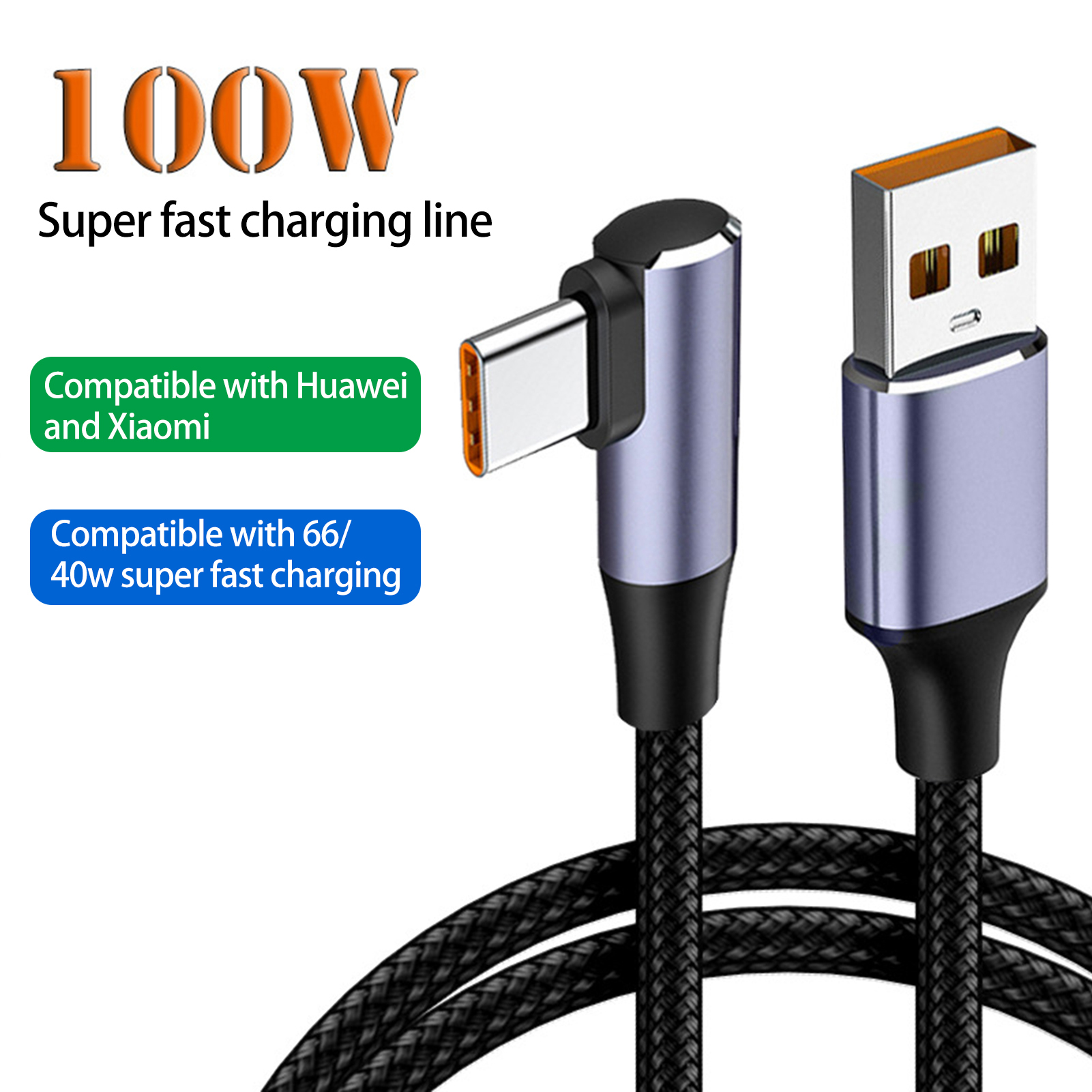 6A 100W Data Cable Universal High Current Braided Wire Tangle-free Fast Charging Elbow Design USB Type-C Mobile Phone USB-C Charger Cable for Office Practical Charging Cord