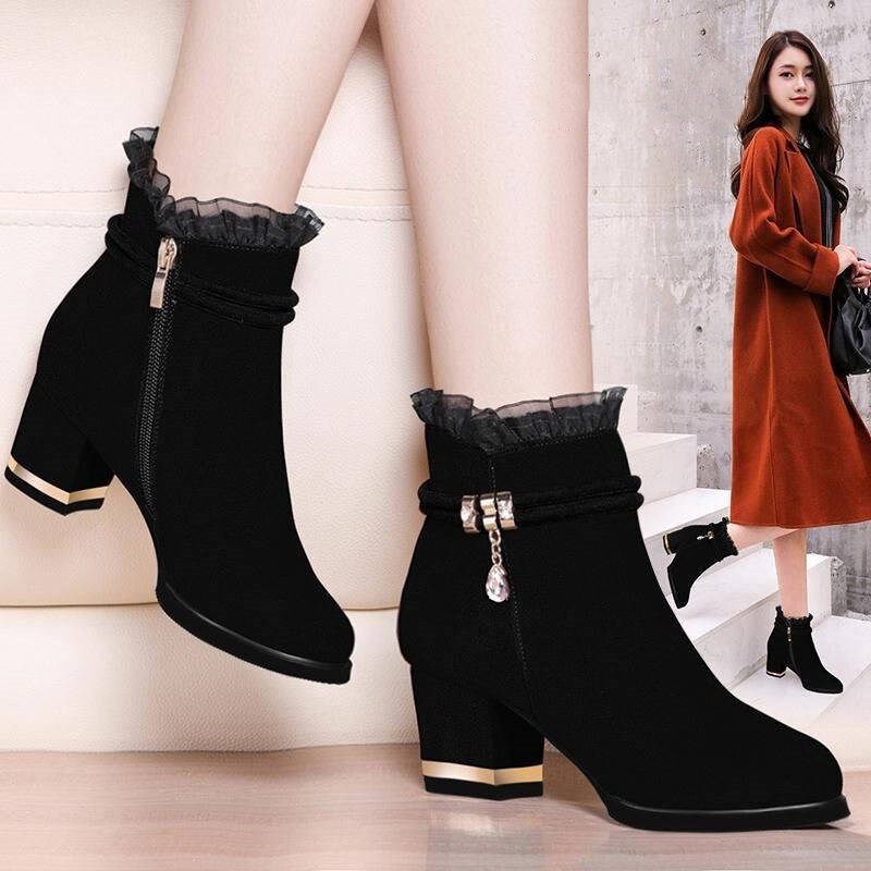 Women's Boots Elegant Ankle Boots Women's Winter Lace Ankle Boots 2020 Ladies Fashion Party High Heels Suede Botas Classic Black