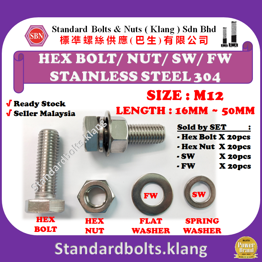 (20SET PER PACK) [SIZE M12] Stainless Steel 304 Hex Bolt + Nut